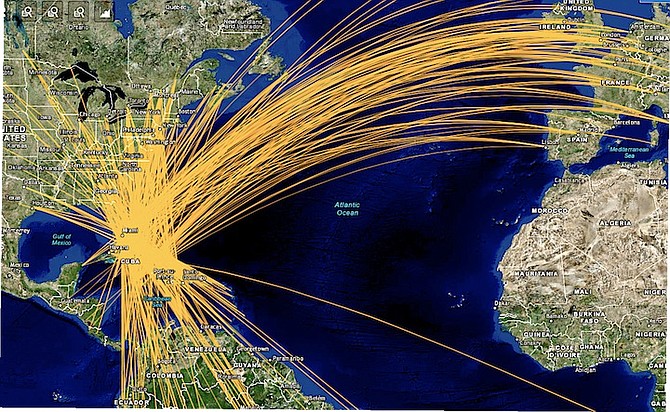 Tracks of 594,000 flights using Bahamas’ strategically located archipelagic airspace per annum.