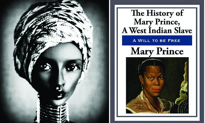 LEFT: An imagined image of Queen Ophelia, Queen of the South from bahamianology.com. 
RIGHT: A book cover from the autobiography of Mary Prince.