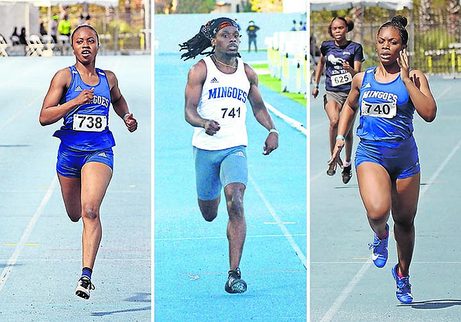 LEFT: UB Mingoes sprinter Romica Josey won the open women’s 200m at the Road Runners Track and Field Meet on Saturday. She won the event in 26.60 seconds.
CENTRE: UB Mingoes sprinter Donya Roberts takes second spot in his open men’s 200m heat. He finished sixth overall in a time of 50.86 seconds.
RIGHT: UB Mingoes sprinter Paige Stuart wins her heat in the under-20 women’s 200m. She won her heat in 26.38 seconds and placed eighth overall.