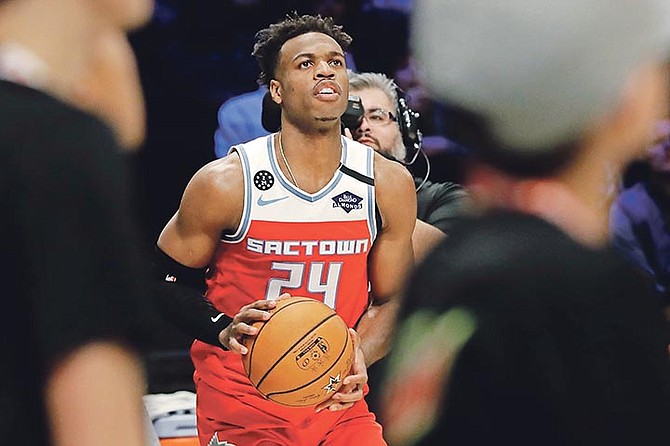 Sacramento Kings’ Buddy Hield looks to the basket during basketball’s NBA All-Star 3-Point contest in Chicago, Saturday, Feb. 15, 2020. (AP Photo/Nam Y. Huh)