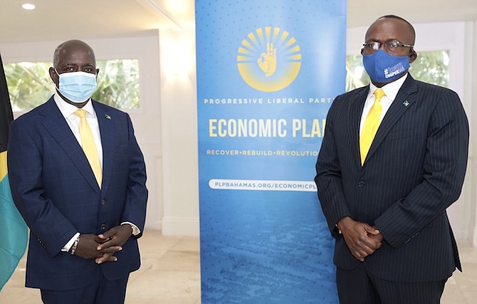 PLP leader Philip “Brave” Davis and deputy leader Chester Cooper at the launch of the PLP economic
plan. Photo: Racardo Thomas