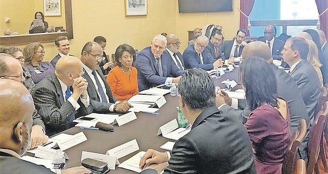 THE NOVEMBER 2019 US Congressional Round Table. From left, far side of table, Sir Ronald Sanders, Antigua and Barbuda Prime Minister Gaston Browne, Congresswoman Maxine Waters, and St Lucia Prime Minister Allen Chastanet.