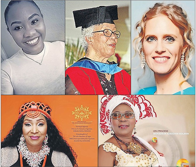 Clockwise from top left, Kenea Andrews, Bahamian epidemiologist for the Georgia Department of Health, Dame Ivy Dumont, first woman to be Bahamas Governor General, Briony Vanden Bussche, of educatethefuturenow.com, Princess Moradeun Adedoyin-Solarin, of the Yoruba tribe, and Princess Moradeun Ogunlana, UN ambassador for peace.