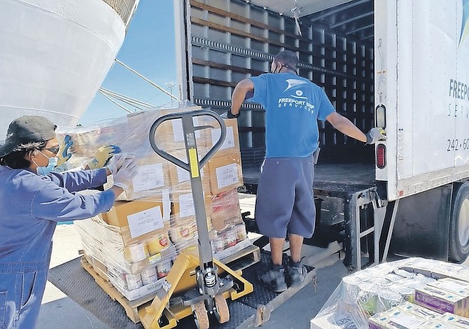 SOME of the food being unloaded to help food banks and charities in Grand Bahama.
