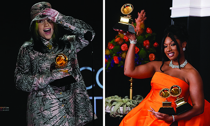 GRAMMY Award winners Billie Eilish and Megan Thee Stallion. (AP Photos)