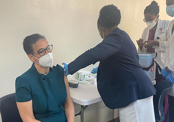 Dr Caroline Burnett-Garaway was the first healthcare worker to receive the vaccine on Wednesday morning. Photo: Leandra Rolle