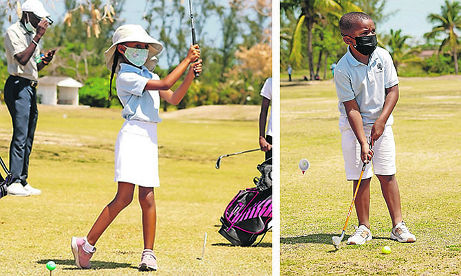 STUDENTS - young, aspiring golfers - tee off on opening day of the Ministry of Education’s National Schools Golf Championships.
Photos by Donavan McIntosh/Tribune Staff