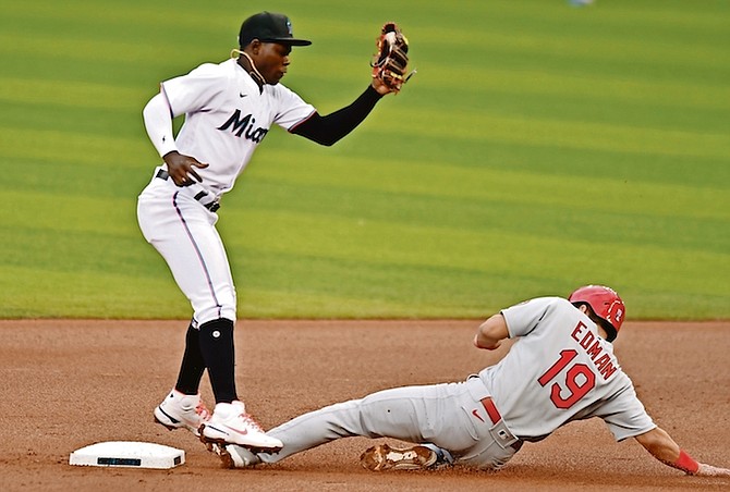 ON THE REPLAY: St Louis Cardinals’ Tommy Edman (19) steals second base as Miami Marlins second baseman Jasrado “Jazz” Chisholm gets the throw during the first inning yesterday in Miami. Chisholm, who doubled for Miami’s only extra-base hit, had a bases-loaded sacrifice fly.

(AP Photo/Jim Rassol)