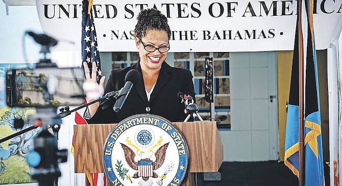 US Chargé d’Affaires Usha Pitts announces the $10,000 grant competition for environmental and educational institutions in the Bahamas for Earth Day.