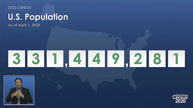 In this image from video provided by the U.S. Census Bureau, acting director of the U.S. Census Bureau Ron Jarmin speaks as a graphic showing the U.S. population as of April 1, 2020, is displayed during a virtual news conference Monday, April 26, 2021. (U.S. Census Bureau via AP)
