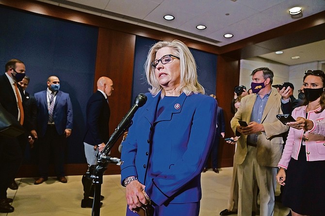 REP. LIZ CHENEY, R-Wyo., speaks to reporters after House Republicans voted to oust her from her leadership post as chair of the House Republican Conference. (AP Photo/J. Scott Applewhite)