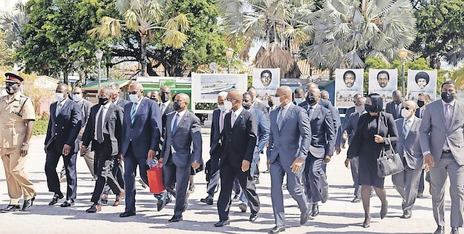 PRIME Minister Dr Hubert Minnis and members of government making their way across Rawson Square for the 2021/2022 Budget presentation. Photo: Donovan McIntosh/Tribune Staff