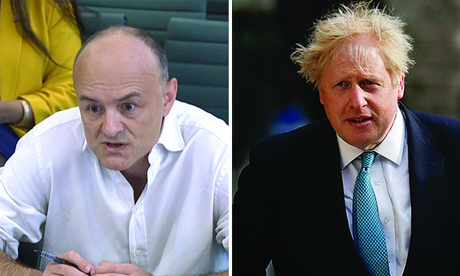 LEFT: Dominic Cummings attends a science and health committee hearing at Portcullis House in London on May 26. In recent days, Cummings has directed a torrent of criticism at Johnson’s Conservative government in an ever-lengthening string of Twitter posts. (House of Commons via AP)
RIGHT: British Prime Minister Boris Johnson.