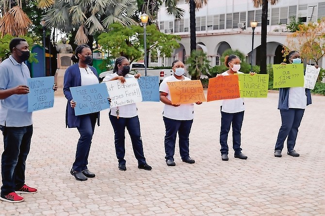 Student nurses protesting in Rawson Square yesterday. Photo: Donavan McIntosh/Tribune staff