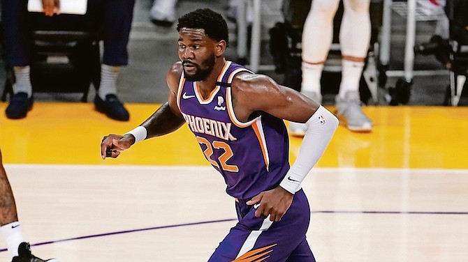 Phoenix Suns centre Deandre Ayton (22) runs during Game 3 of an NBA basketball first-round playoff series against the Los Angeles Lakers Thursday, May 27, 2021, in Los Angeles. (AP Photo/Marcio Jose Sanchez)