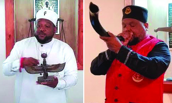 LEFT: Anku Sa Ra holds the statue of Mother Mir-i-am (African Mary) while reading from Revelations 12:14 (KJV).
RIGHT: Anku blows the Qubtic Ram’s Horn called Shu-Faru.