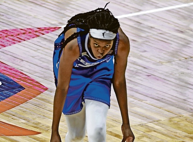 Forward Jonquel Jones celebrates after hitting a 3-pointer against the New York Liberty during a WNBA basketball game on Saturday, June 5 in Uncasville, Conn. Jones and her side will open the 38th edition of FIBA Women’s EuroBasket Championships against Group C favourite Belgium at 9am today local time in Strasbourg, France.

(Sean D Elliot/The Day via AP)
