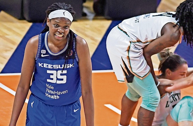 Jonquel Jones, of the Bahamas, posted a double double to lead Bosnia and Herzegovina (BIH) to an upset win of the FIBA Women’s EuroBasket Championships. Jones finished with 13 points and a game high 17 rebounds in her team’s 70-55 win over Belgium yesterday on the opening day of the group stage.

(Sean D Elliot/The Day via AP)