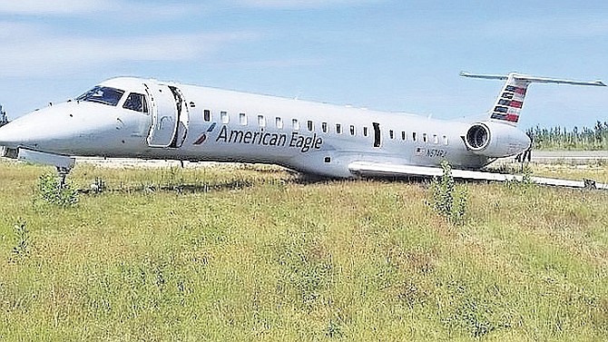 THE AMERICAN Eagle plane after it slid off the runway in Grand Bahama.