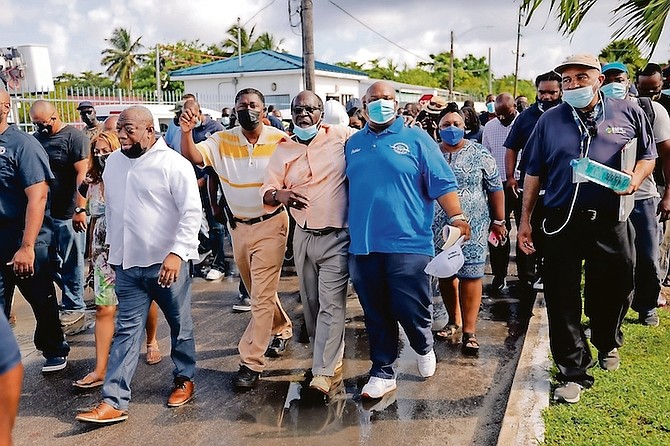 The protest outside Bahamas Power and Light yesterday. Photo: Donovan McIntosh/Tribune Staff