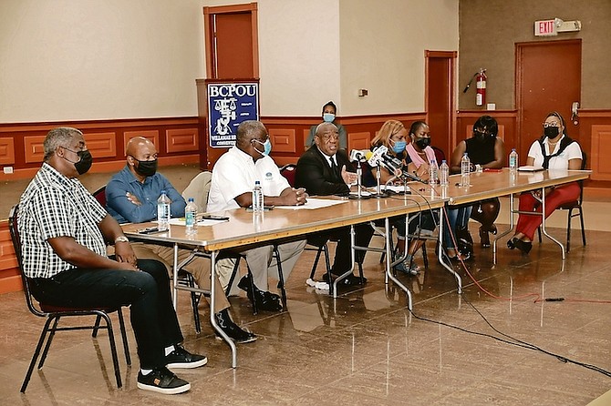 NATIONAL Congress of Trade Unions of the Bahamas officials at yesterday’s press conference.
