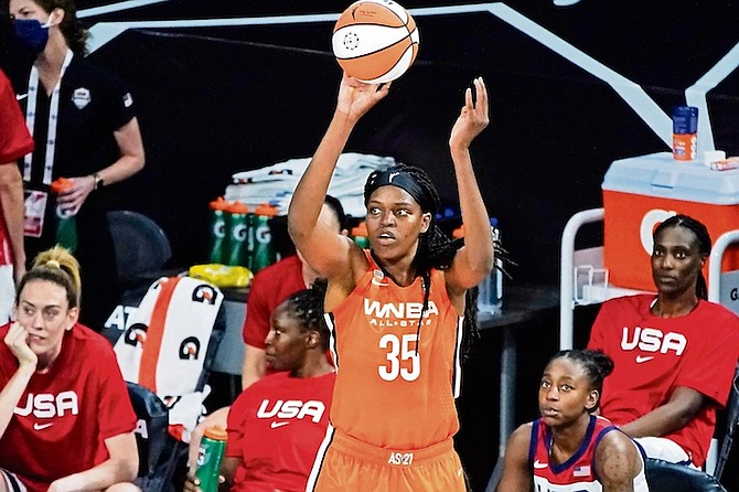 Team WNBA’s Jonquel Jones shoots in the 3-point contest at the WNBA All-Star basketball game yesterday in Las Vegas.

(AP Photo/John Locher)