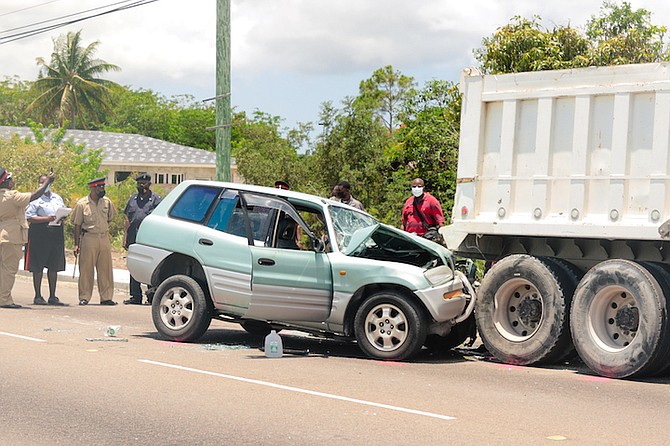 THE SCENE of a traffic fatality on Charles W Saunders Highway yesterday which left one man dead and two more people hospitalised.
Photo: Donovan McIntosh/Tribune Staff
