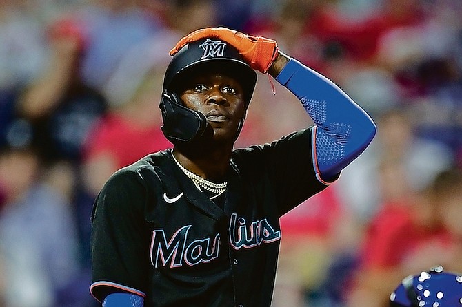 Miami Marlins’ Jazz Chisholm Jr. in action during a baseball game against the Philadelphia Phillies on Friday, July 16. (AP)