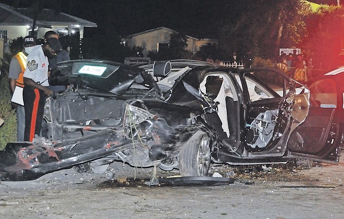 ONE man was killed and another injured after a car hit a tree in Grand Bahama on Sunday evening. Photos: Vandyke Hepburn