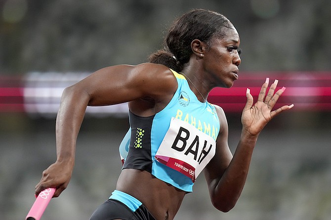 Doneisha Anderson, of the Bahamas, competes in a heat of the women's 4 x 400-metre relay at the 2020 Summer Olympics, Thursday, in Tokyo. (AP Photo/Petr David Josek)