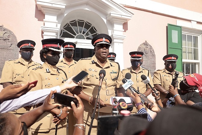 Commissioner of Police Paul Rolle speaks outside Parliament on Thursday. Photo: Donavan McIntosh/Tribune staff