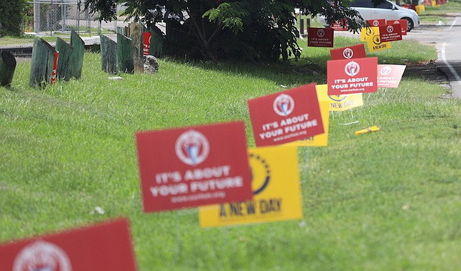 FNM and PLP signs along the verge as the election campaign begins.
Photo: Racardo Thomas/Tribune Staff
