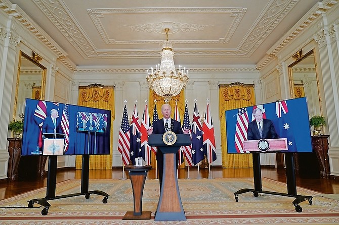 President Joe Biden, joined virtually by Australian Prime Minister Scott Morrison and British Prime Minister Boris Johnson, speaks about the national security initiative from the East Room of the White House in Washington, Wednesday, Sept. 15, 2021.

Photo:Andrew Harnik/AP