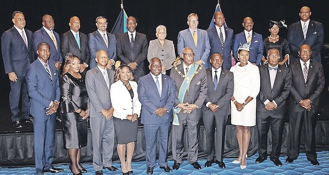 ALL appointed Cabinet Ministers pictured with Prime Minister Philip “Brave” Davis, Deputy Prime
Minister Chester Cooper and Governor General Cornelius A Smith (excluding Dr Michael Darville
who is traveling on business). Photo: Donovan McIntosh/Tribune Staff