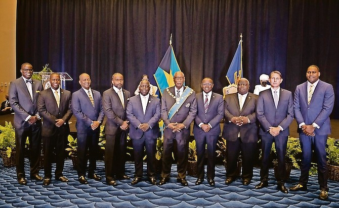 THE NEWLY appointed Parliamentary Secretaries alongside Governor General CA Smith, Prime Minister Philip “Brave” Davis and Deputy Prime Minister Chester Cooper yesterday.
Photos: Donavan McIntosh/Tribune Staff