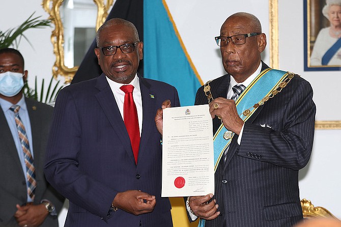 Leader of the Opposition Dr Hubert Minnis (left) and Governor General Sir Cornelius A Smith.