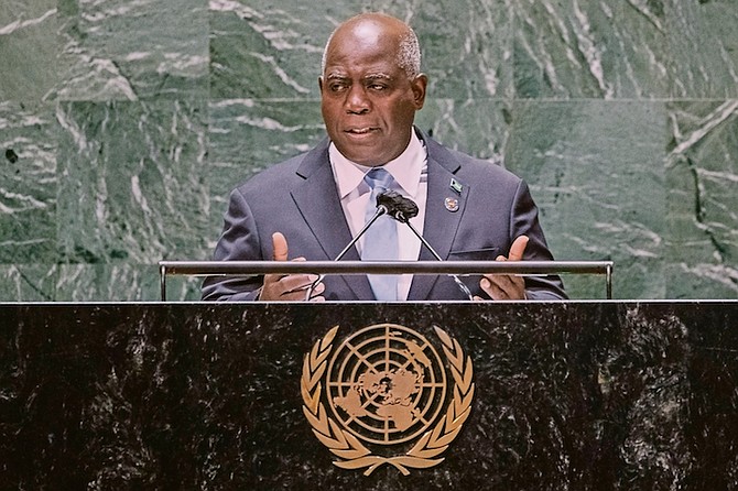 Prime Minister Philip “Brave” Davis addresses the 76th Session of the UN General Assembly at the United Nations headquarters in New York. Photo: Eduardo Munoz/AP