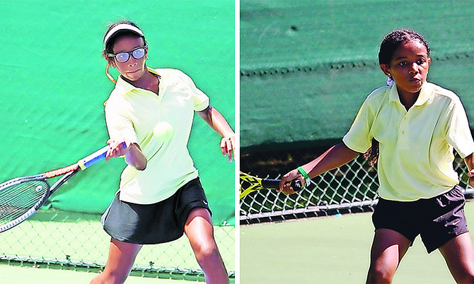 Grand Bahamian Tatyana Madu, left, and Briana Houlgrave in action yesterday at the COTECC Under-12 tennis tournament in Santo Domingo, Dominican Republic.