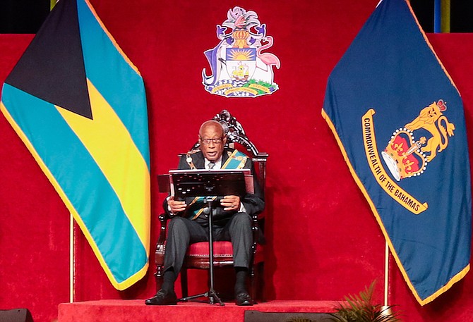 Governor General Sir Cornelius A Smith reads the Speech from the Throne. Photo: Donavan McIntosh/Tribune staff