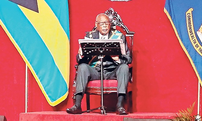 Governor General Cornelius A Smith reading the Speech from the Throne yesterday.
Photo: Donovan McIntosh/Tribune Staff