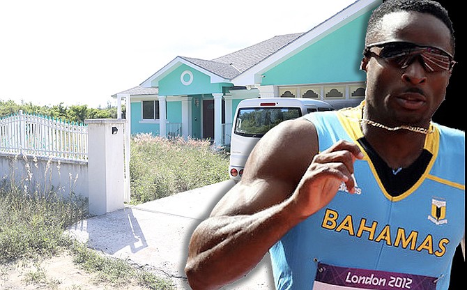 Ramon Miller running in London in 2012, right, and the house he built on land gifted by the government. House photo: Racardo Thomas/Tribune Staff