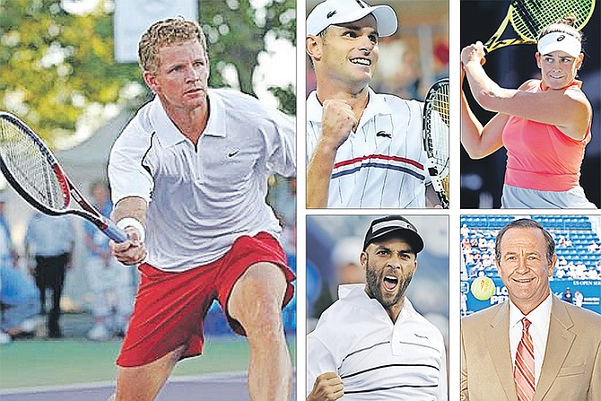 Clockwise from left: Mark Knowles, Andy Roddick, Jennifer Brady, Cliff Drysdale and James Blake.
