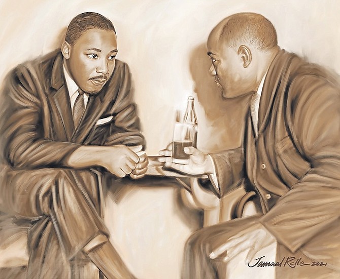 A SEPIA painting by Jamaal Rolle portrays civil rights leader Reverend Dr Martin Luther King, Jr (left) and Sir Randol Fawkes, labour movement activist who met in Nassau, Bahamas, in November 1958. The painting was presented by Prime Minister Philip “Brave” Davis to Harry Johnson Sr, CEO and president of the Martin Luther King, Jr, National Memorial Project Foundation and Congresswoman Maxine Waters.