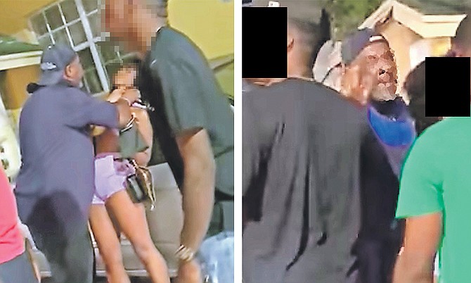 LEFT: In this image from video, a plain clothes police officer seems to choke a woman. An official
complaint was made yesterday after footage circulated on social media.
RIGHT: The plain clothes police officer is seen demanding the phone recording the incident is handed over.