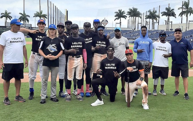 PROUD members of the I-Elite Bahamas 18-and-under team at the fifth annual World Comes to the Palm Beaches International Baseball Tournament. I-Elite, coached by Albert Cartwright and Geron Sands, whitewashed Aruba 10-0 in five innings as the tournament got underway yesterday at the FITTEAM Ballpark of the Palm Beaches, which is considered the best baseball facility on planet earth.