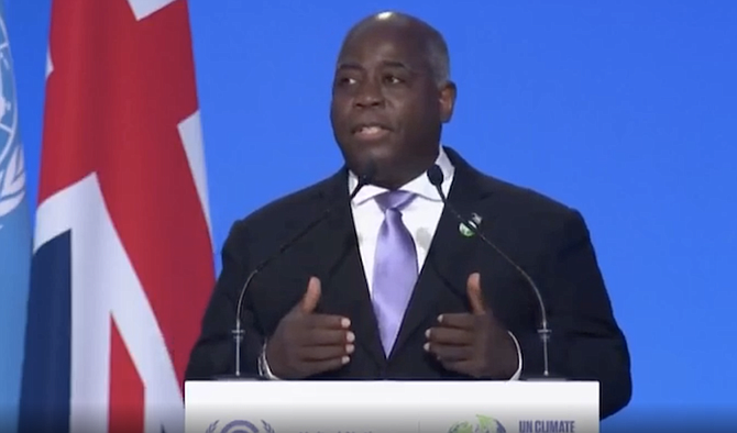 PRIME Minister Philip “Brave” Davis speaks at COP26.