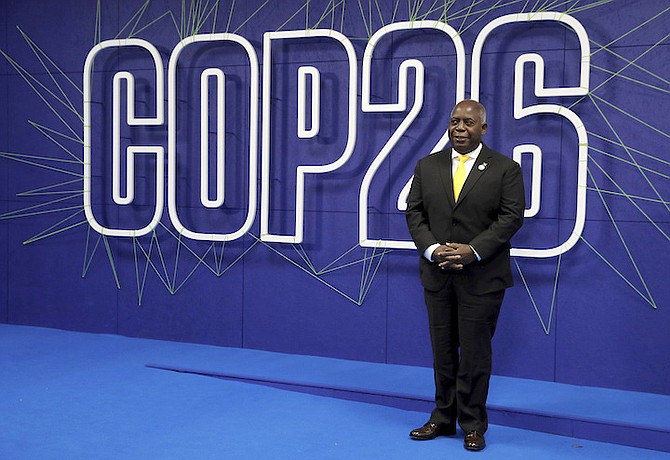 Prime Minister Philip 'Brave' Davis at the COP26 summit at the Scottish Event Campus (SEC) in Glasgow, Scotland. (Phil Noble/Pool via AP)