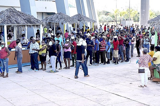 Hundreds flocked to the Thomas A Robinson National Stadium Monday, August 11, 2020 to collect assistance cheques from the NIB as a result the COVID pandemic and lockdown.