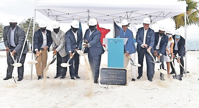 OCEAN CAY, The Bahamas -- Prime Minister and Minister of Finance Philip Davis and Deputy Prime Minister and Minister of Tourism, Investments & Aviation the Chester Cooper, along with MSC Cruises Executive Chairman Pierfrancesco Vago, led the Groundbreaking Ceremony for the Marine Conservation Center on Ocean Cay yesterday. (BIS Photos/Kemuel Stubbs)