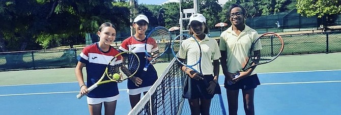 SHOWN, from left to right, are Isabella Montero and Valentina Obregon of Costa Rica, Kaylah Fox and Tatyana Madu, of the Bahamas yesterday at the ITF/COTECC 12U Team Finals in Santo Domingo, The Dominican Republic.